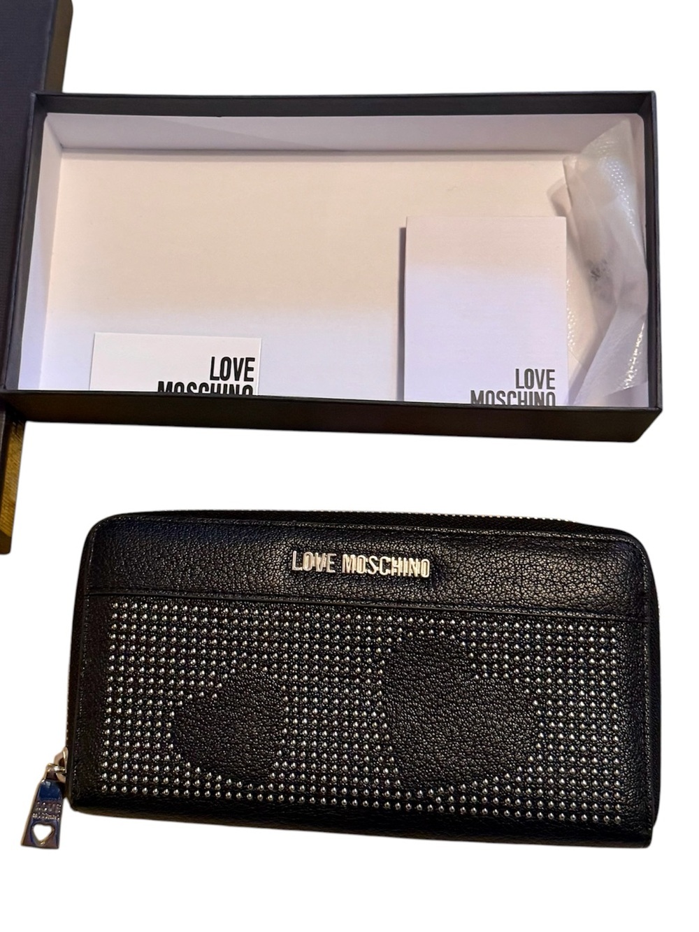 NWT Love Moschino Zip-Around Black and Silver Heart Studded Leather Wallet
